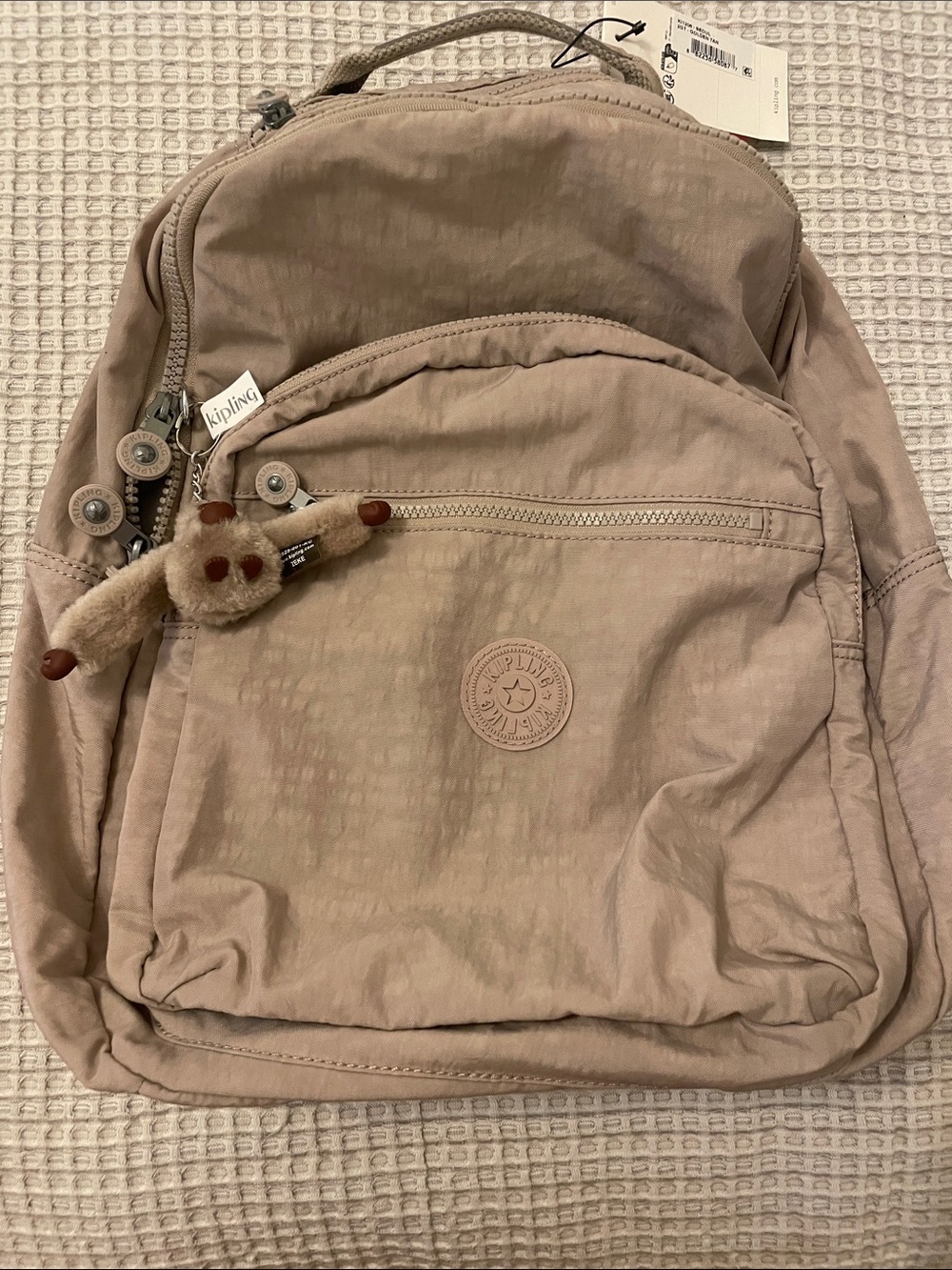Kipling Beige-Taupe Backpack with Monkey Charm